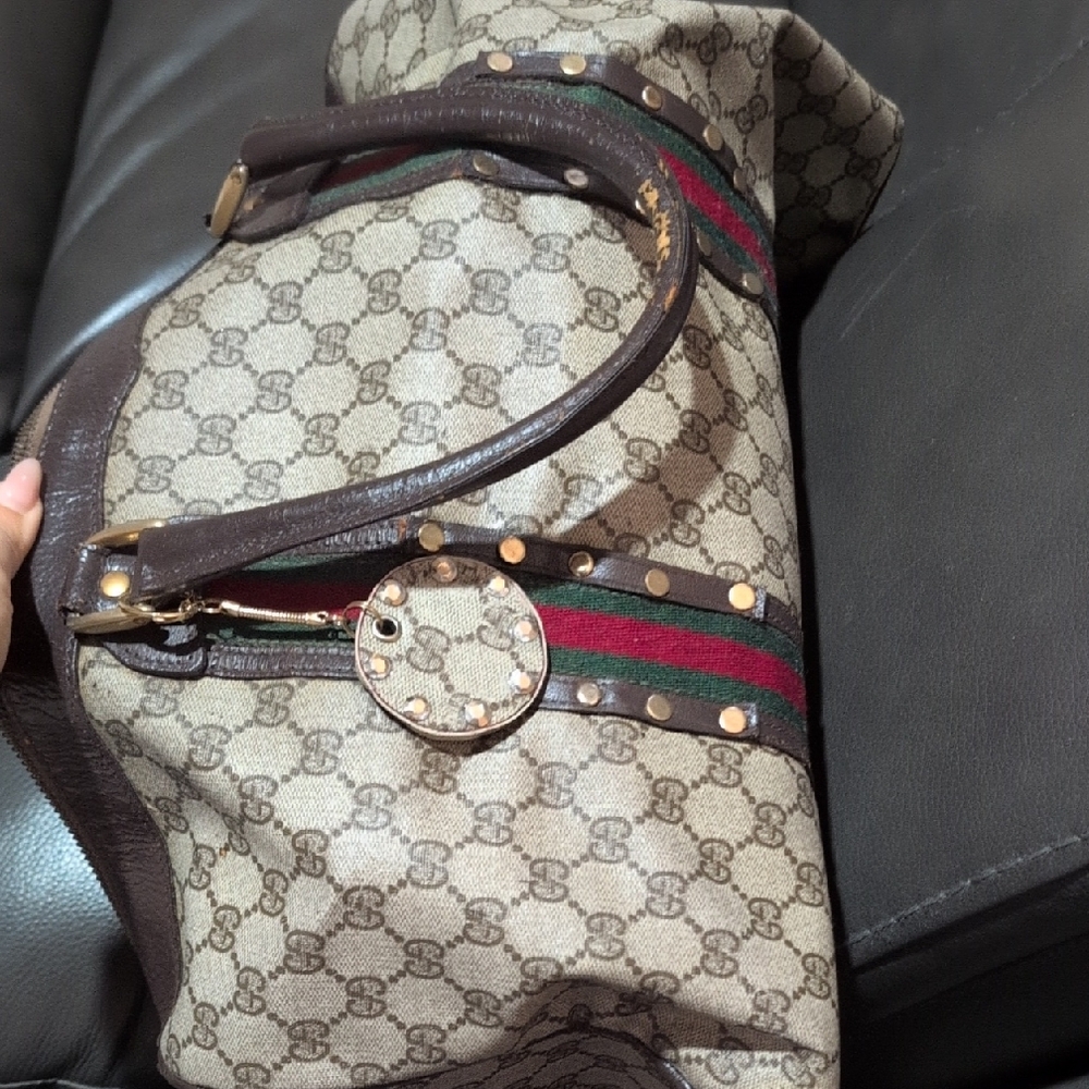 Gucci Beige GG Canvas Travel Bag with Brown Leather and Green-Red Web